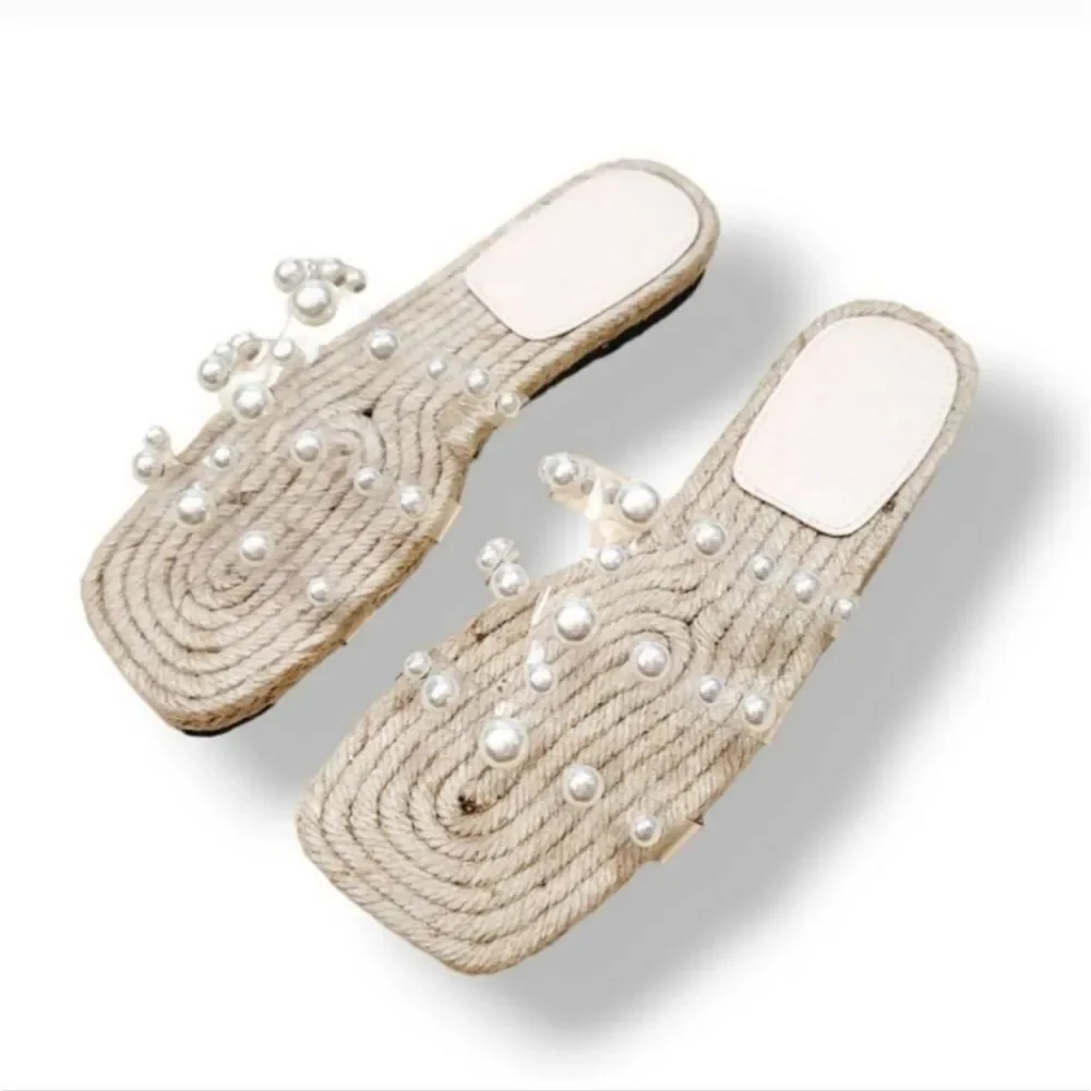 NEW Pearl Transparent Strappy Slip On Square Toe Jute Rope Sandal Size 36/6